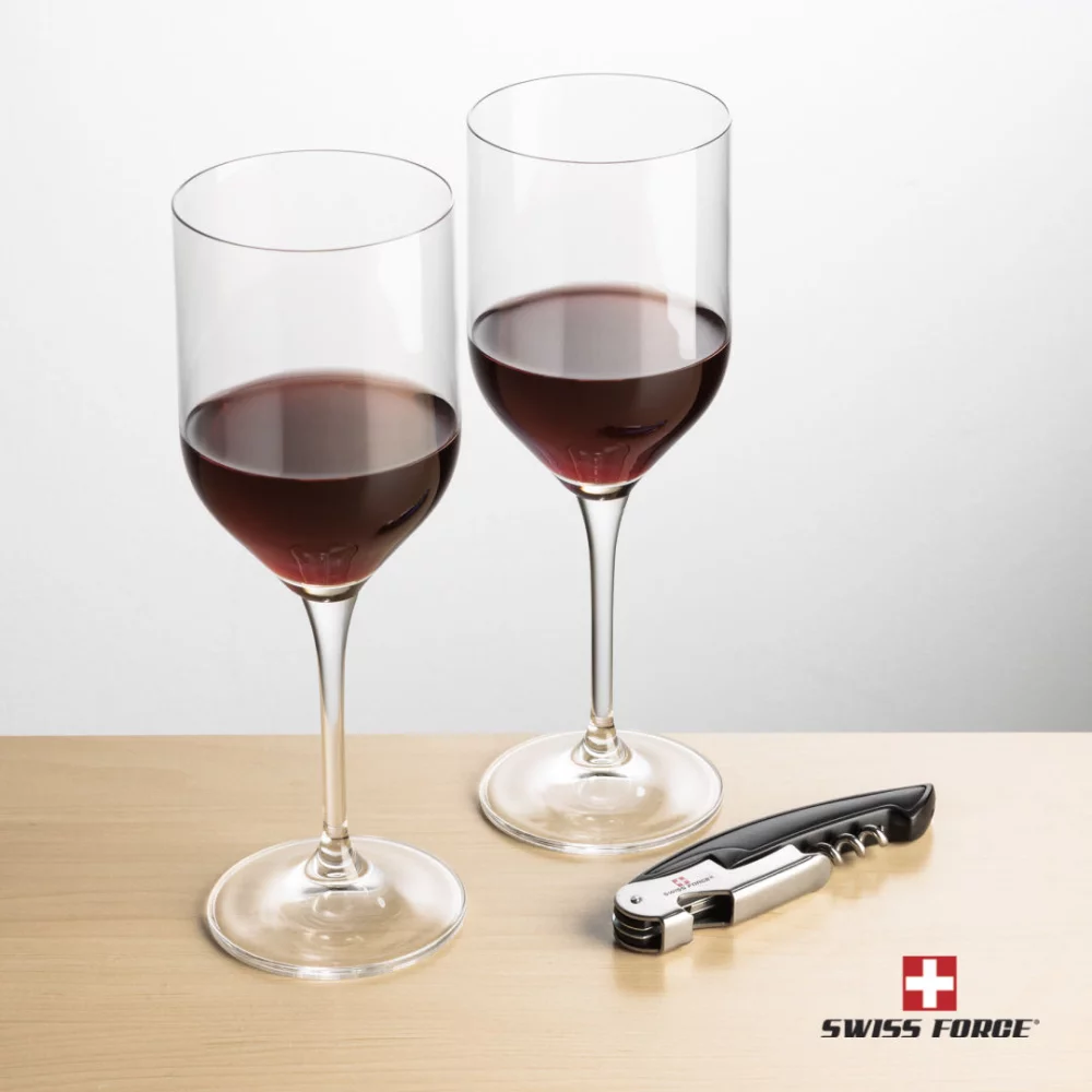 Ouvre-bouteille Swiss Force® et 2 verres à vin Belmont - Noir