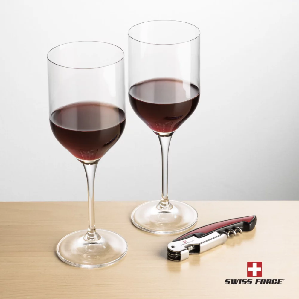 Ouvre-bouteille Swiss Force® et 2 verres à vin Belmont - Rouge