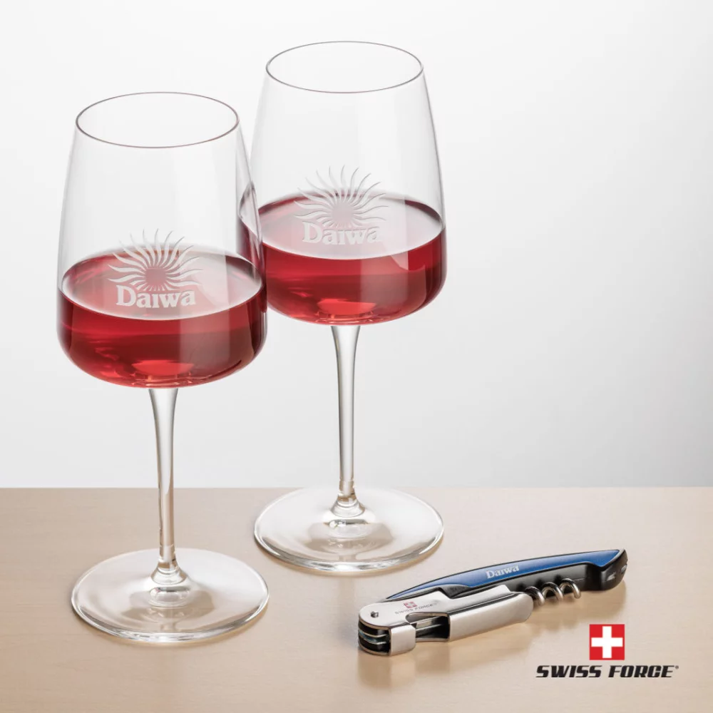 Ouvre-bouteille Swiss Force® et 2 verres à vin Dunhill - bleu