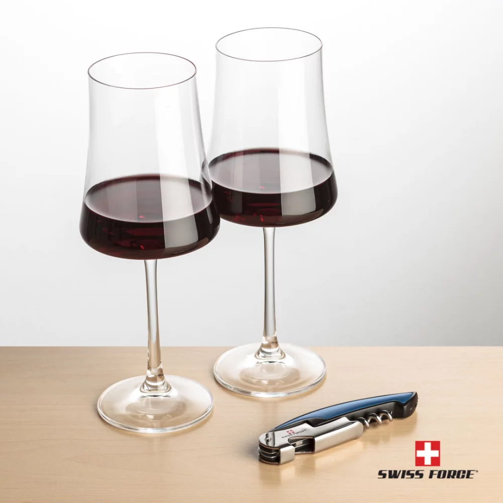 Ouvre-bouteille Swiss Force® & 2 verres à vin Dakota - bleu