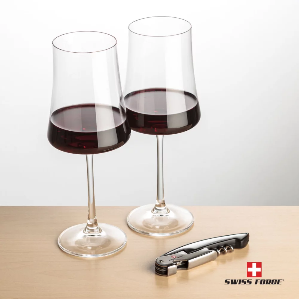 Ouvre-bouteille Swiss Force® et 2 verres à vin Dakota - Argent