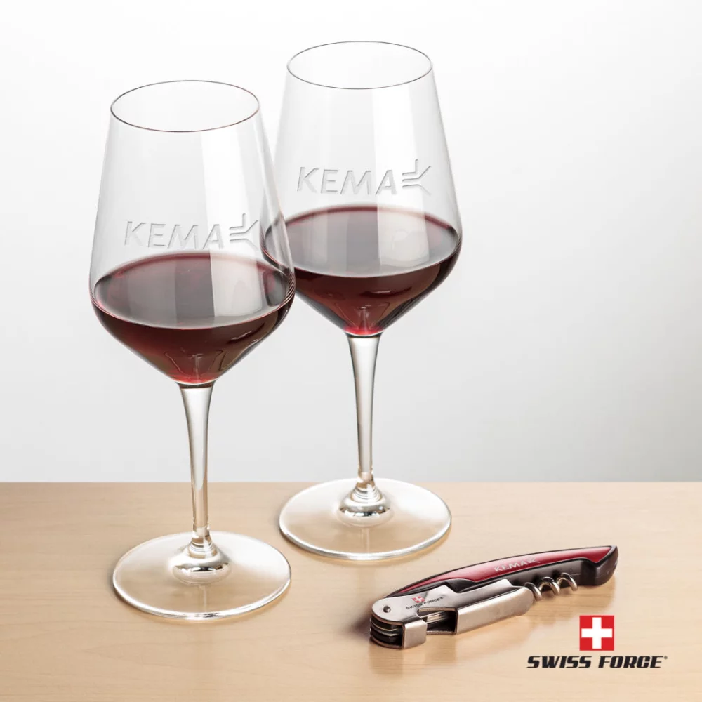 Ouvre-bouteille Swiss Force® et 2 verres à vin Germain - Rouge