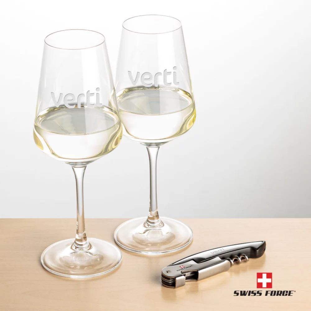 Ouvre-bouteille Swiss Force® et 2 verres à vin Cannes - Argent