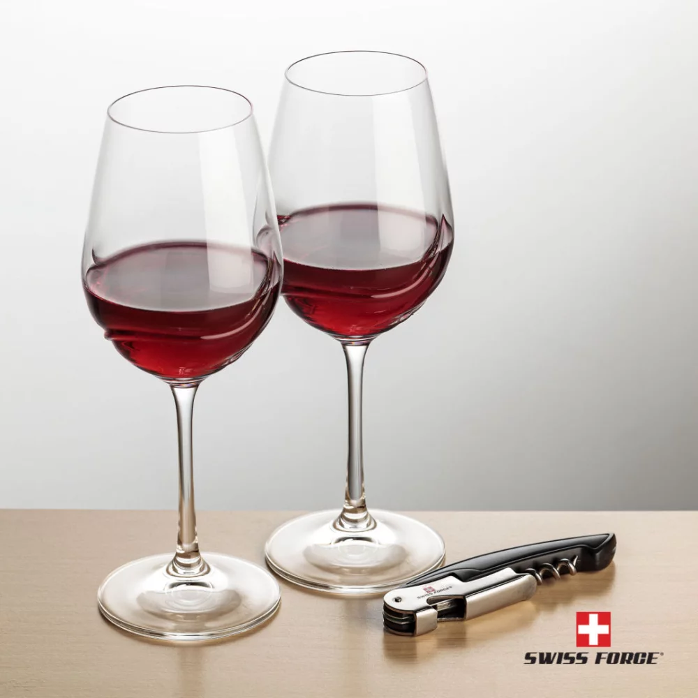 Ouvre-bouteille Swiss Force® et 2 verres à vin Bartolo - Noir