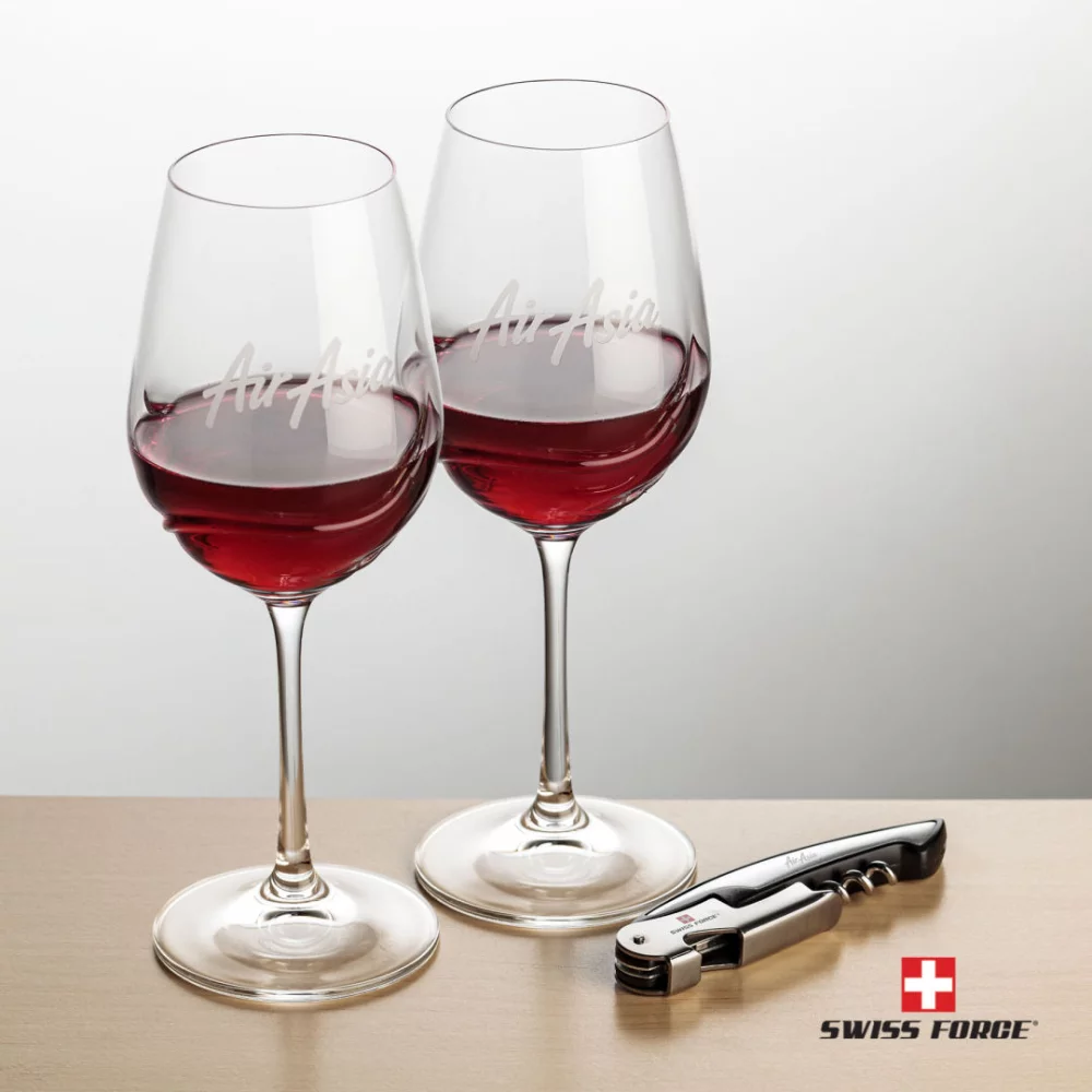 Ouvre-bouteille Swiss Force® et 2 verres à vin Bartolo - Argent