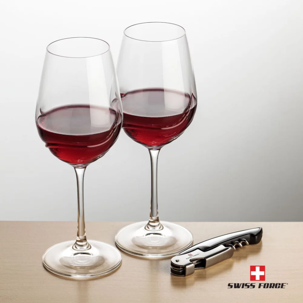 Ouvre-bouteille Swiss Force® et 2 verres à vin Bartolo - Argent