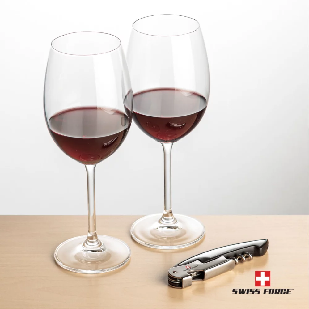 Ouvre-bouteille Swiss Force® et 2 verres à vin Blyth - Argent