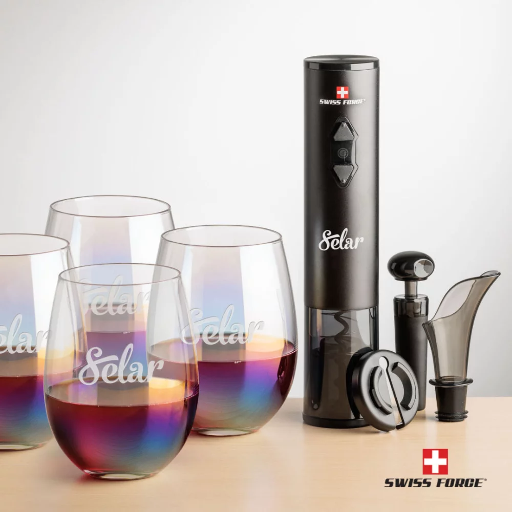 Ouvre-bouteille Swiss Force® et 4 verres à vin sans pied Miami