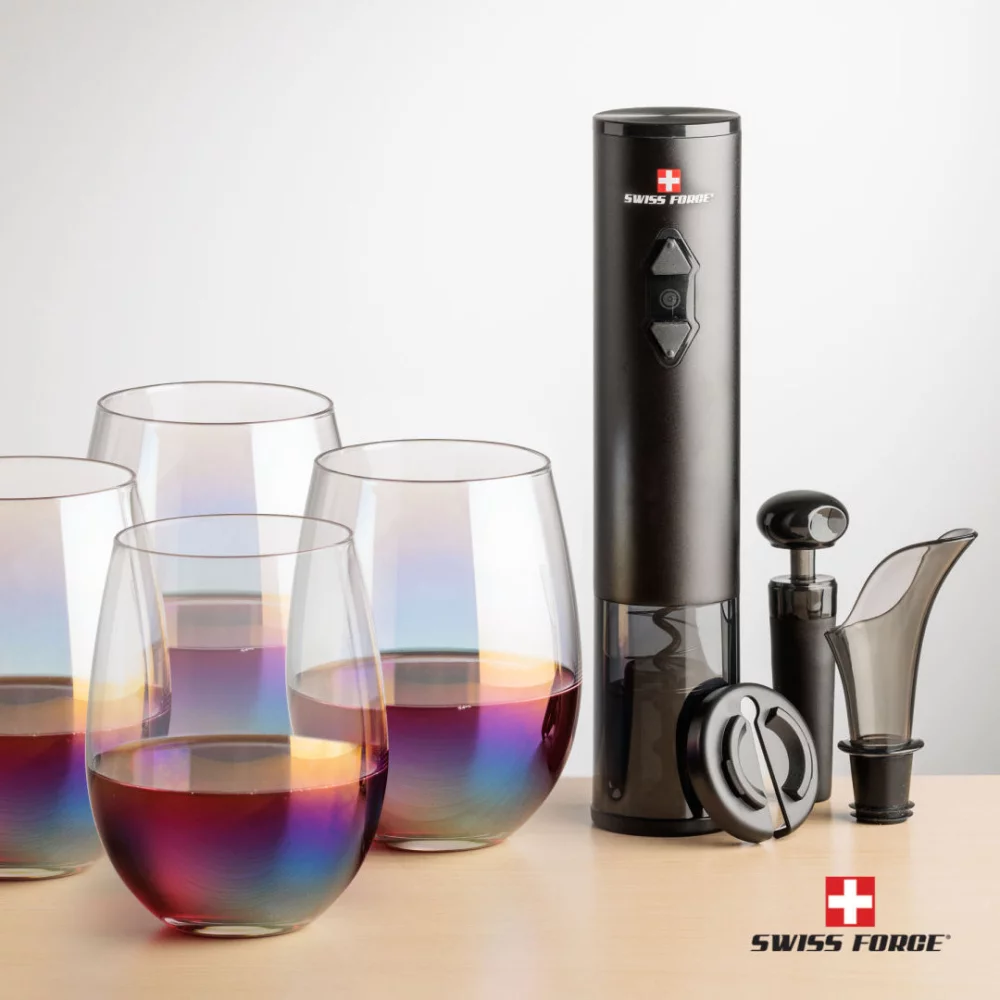 Ouvre-bouteille Swiss Force® et 4 verres à vin sans pied Miami