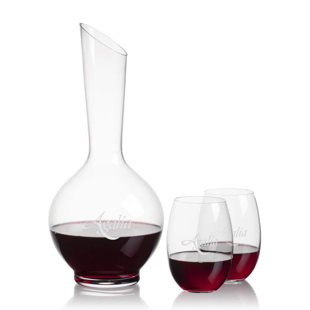 Carafe sanguine et 2 verres à vin sans pied.
