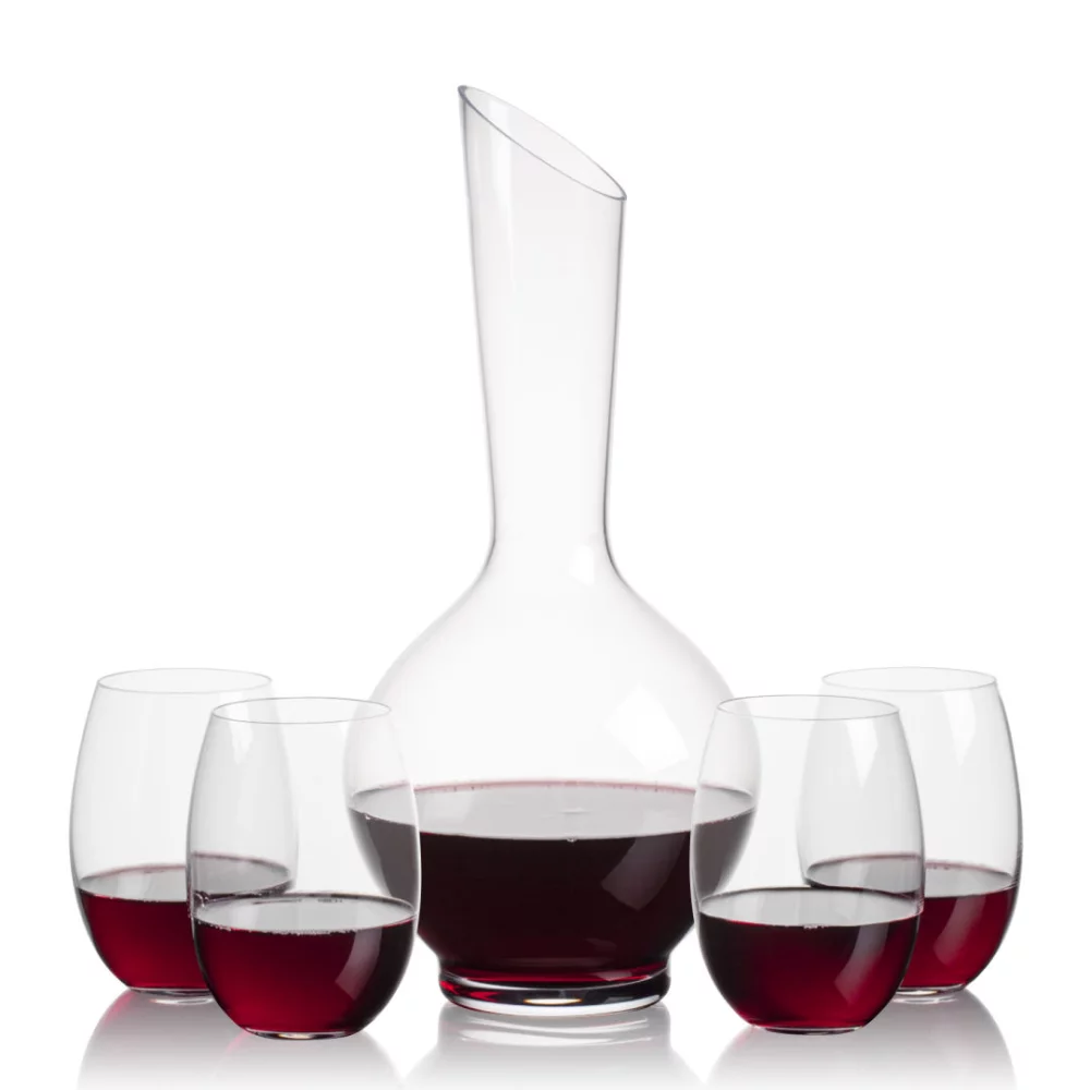 Carafe à vin sanguin et 4 verres à vin sans pied.