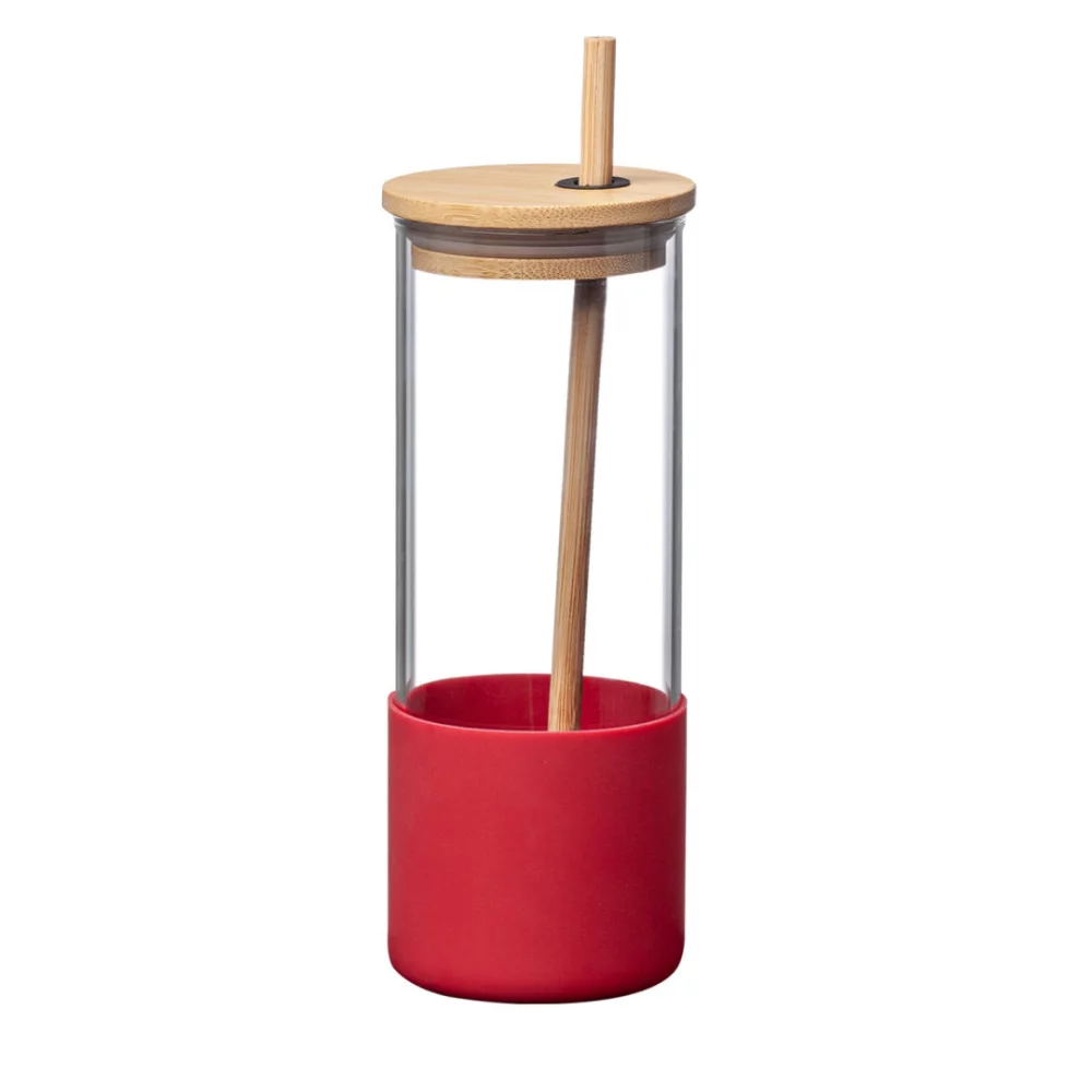 Verre Shanti en borosilicate avec couvercle/paille en bambou - 17 oz Rouge