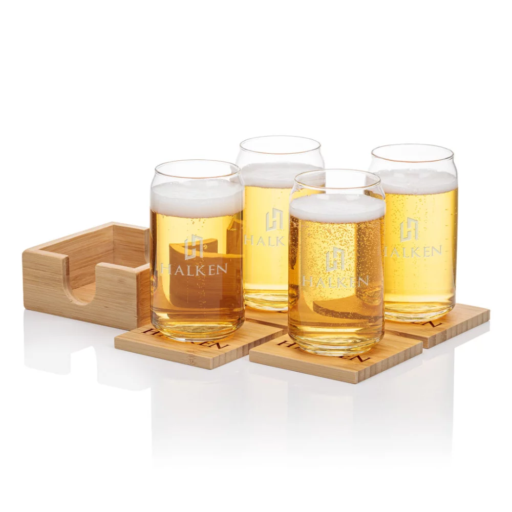 Ensemble cadeau de verres à bière en forme de canette et sous-verres pour 4 personnes.