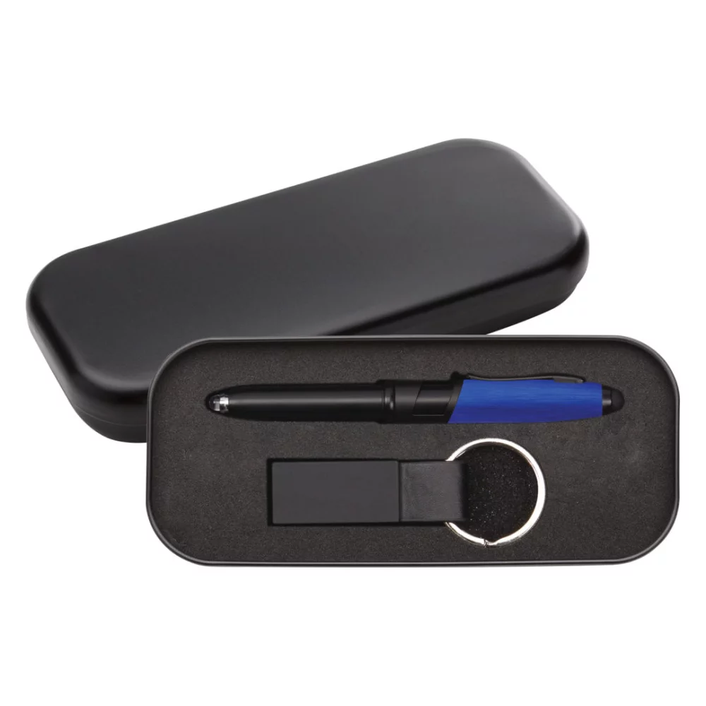 Ensemble cadeau Nano stylo/stylet/porte-clés - Bleu