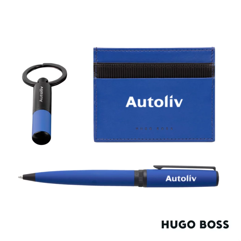 Porte-cartes Matrix Hugo Boss®/Stylo à bille Matrix Gear/Porte-clés - Bleu