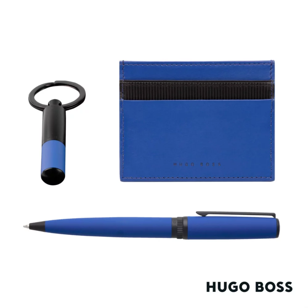 Porte-cartes Matrix Hugo Boss®/Stylo à bille Matrix Gear/Porte-clés - Bleu