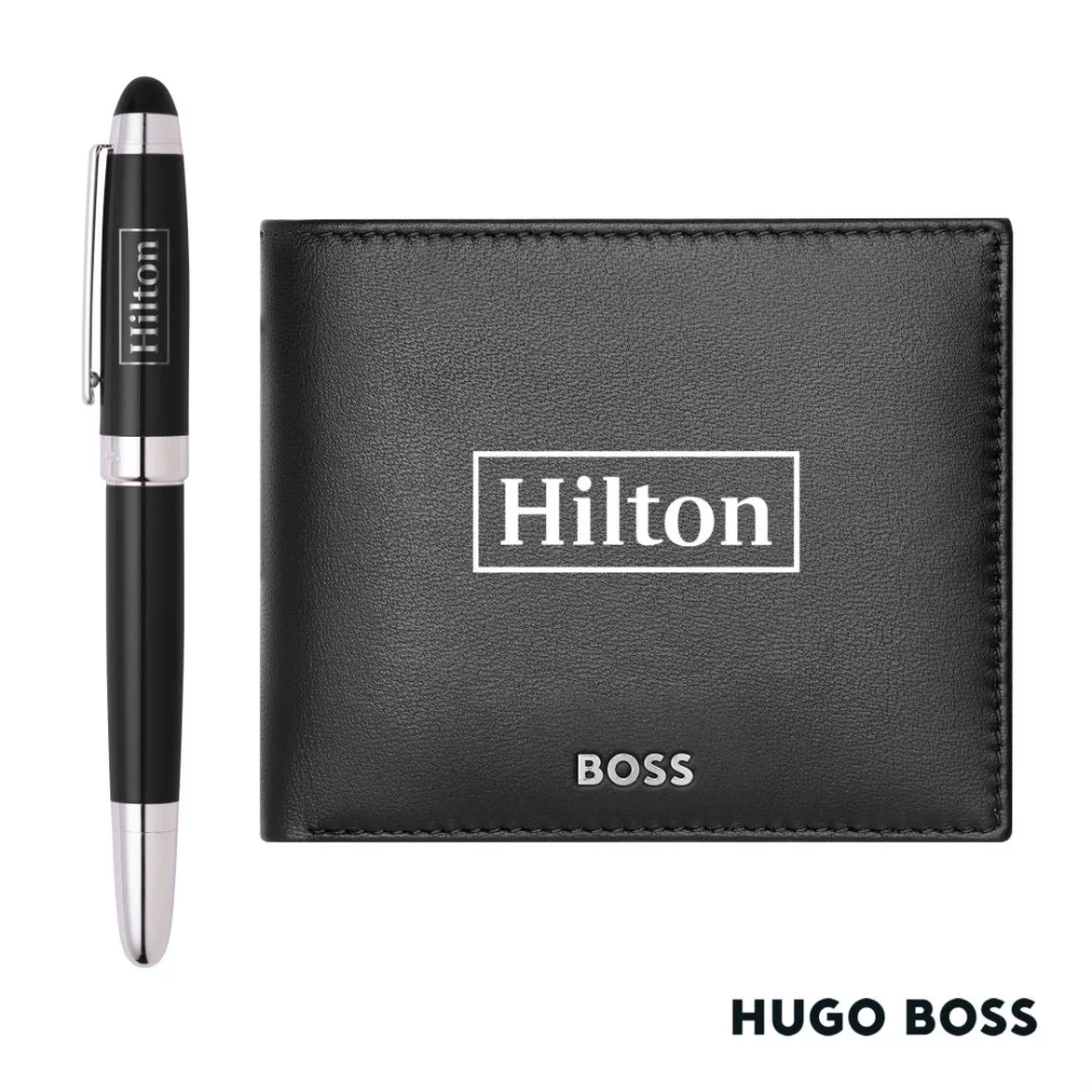 Hugo Boss® Rollerball Pen & Wallet Set- Black