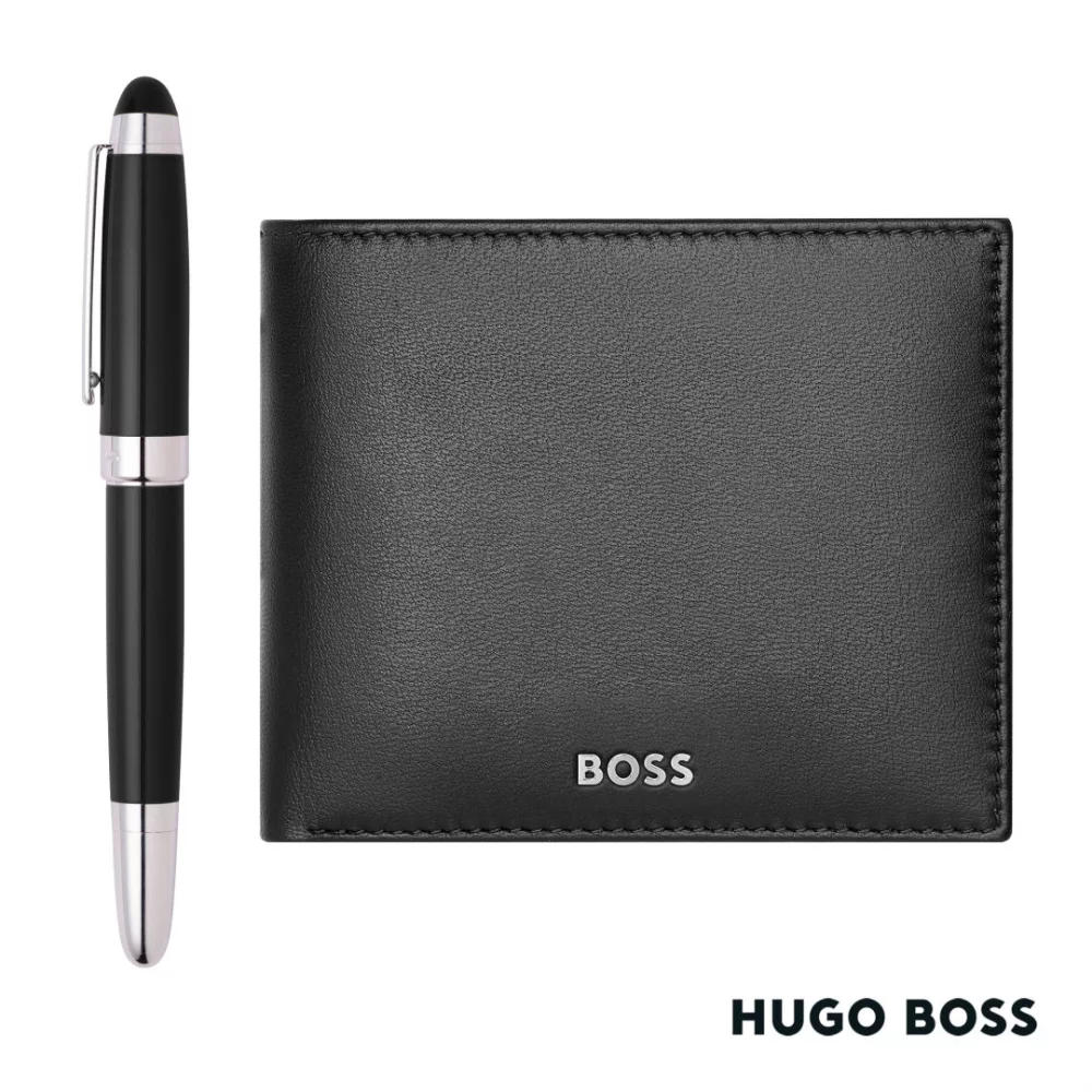 Hugo Boss® Rollerball Pen & Wallet Set- Black