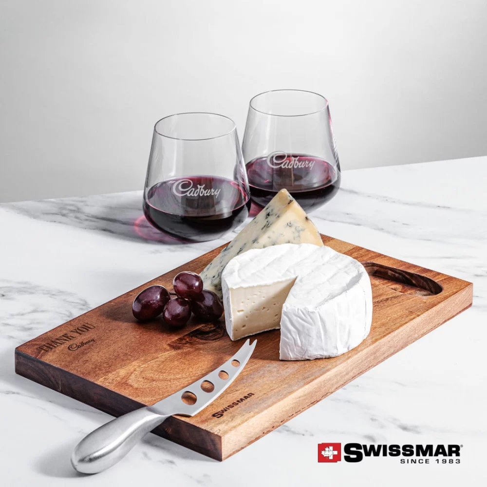 Planche en acacia Swissmar® et 2 verres à vin sans pied Breckland