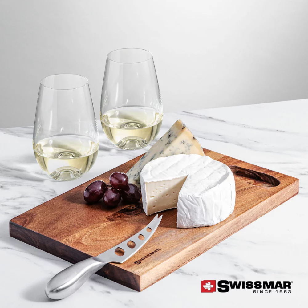Planche en acacia Swissmar® et 2 verres à vin sans pied Boston.