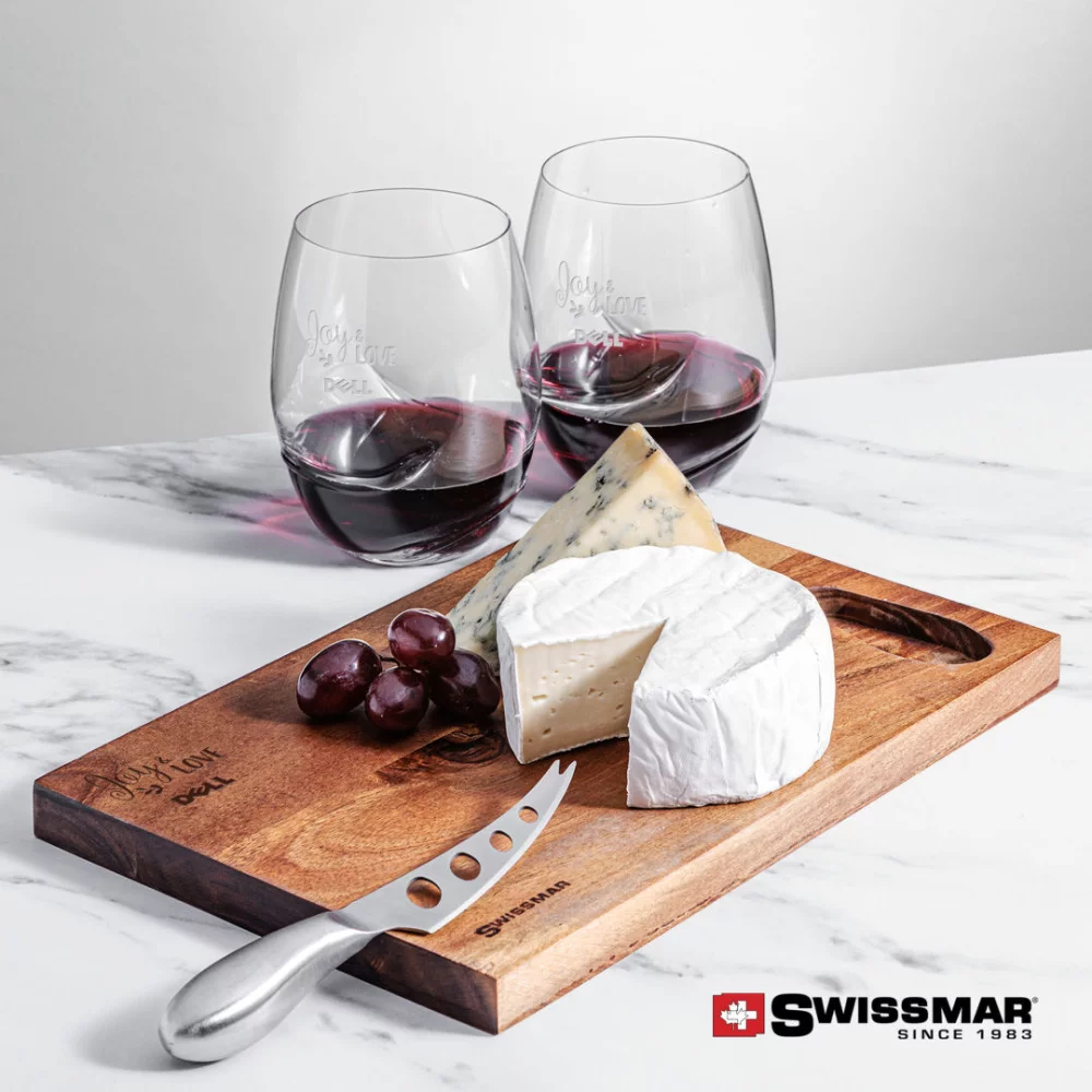 Planche en acacia Swissmar® et 2 verres à vin sans pied Bartolo