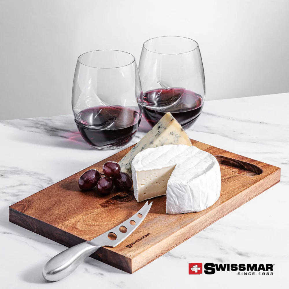 Planche en acacia Swissmar® et 2 verres à vin sans pied Bartolo