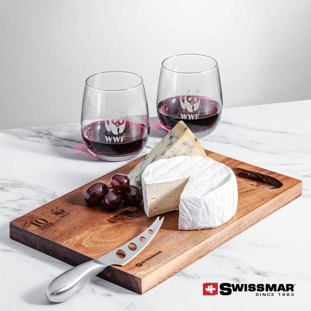 Planche en acacia Swissmar® et 2 verres à vin sans pied Crestview
