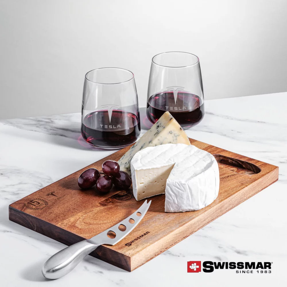 Planche en acacia Swissmar® et 2 verres à vin sans pied Dunhill