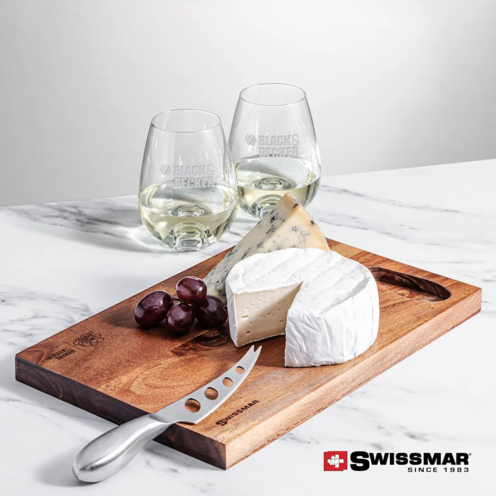 Planche en acacia Swissmar® et 2 verres à vin sans pied Edderton.