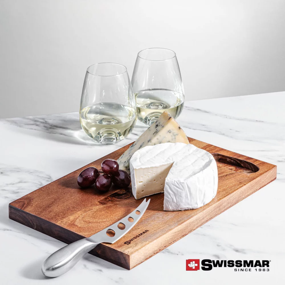 Planche en acacia Swissmar® et 2 verres à vin sans pied Edderton.