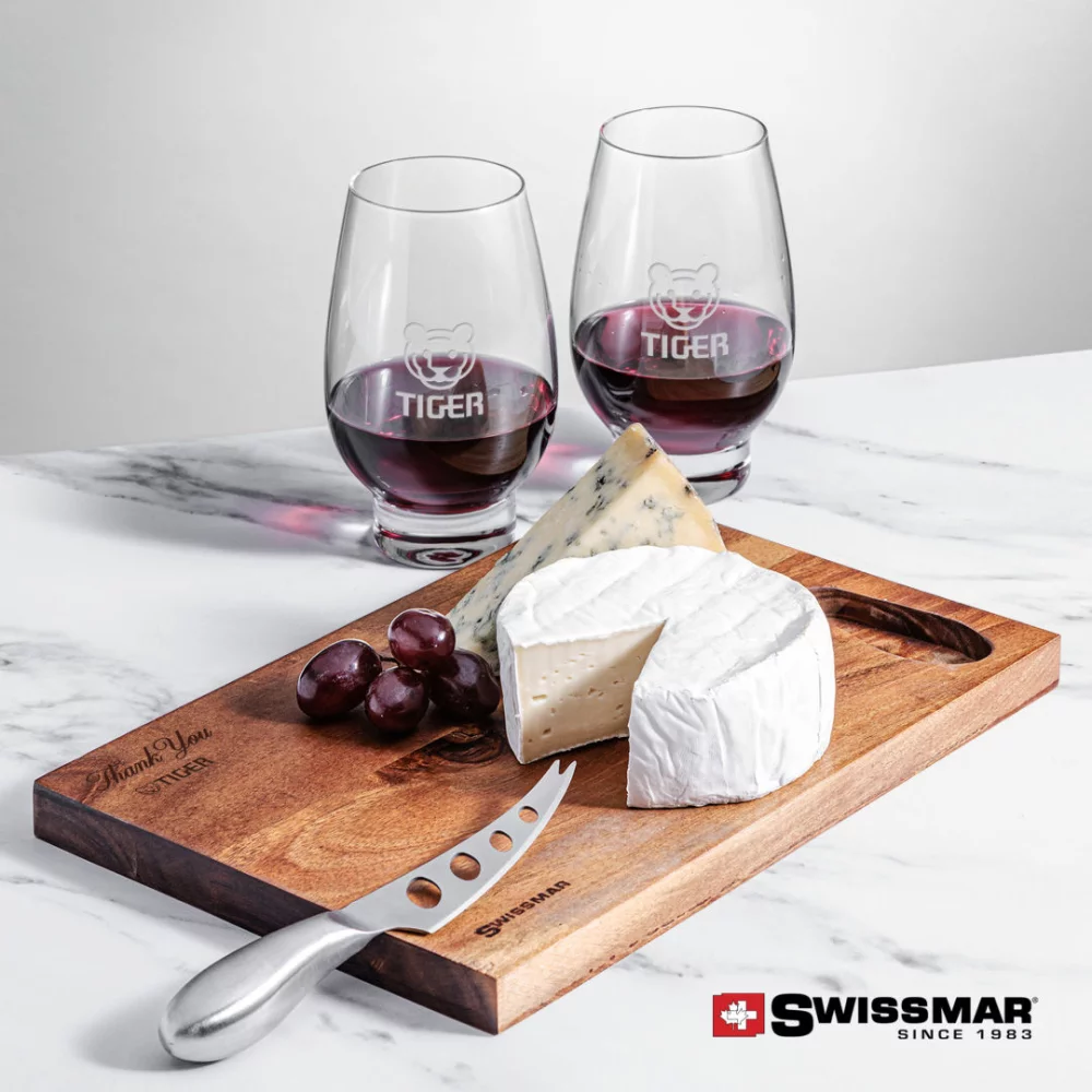 Planche en acacia Swissmar® et 2 verres à vin sans pied Glenarden