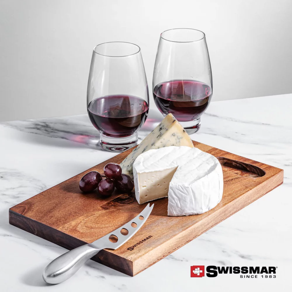 Planche en acacia Swissmar® et 2 verres à vin sans pied Glenarden