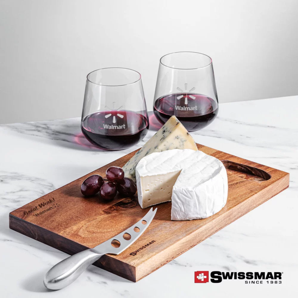 Planche en acacia Swissmar® et 2 verres à vin sans pied Howden