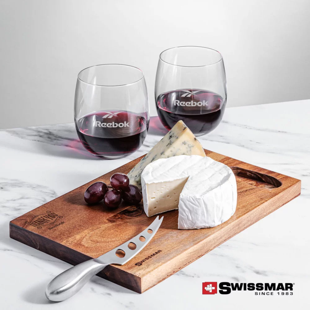 Planche en acacia Swissmar® & 2 verres à vin sans pied Zacata