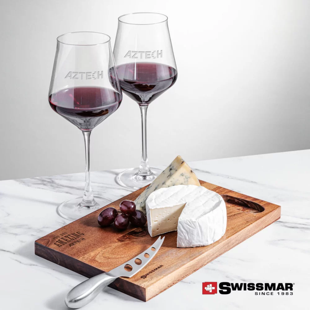 Planche en acacia Swissmar® et 2 verres à vin Bretton.