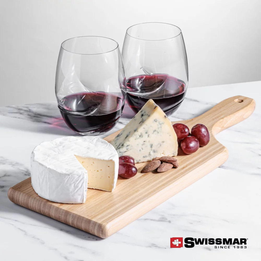 Planche en bambou Swissmar® et 2 verres à vin sans pied Bartolo.
