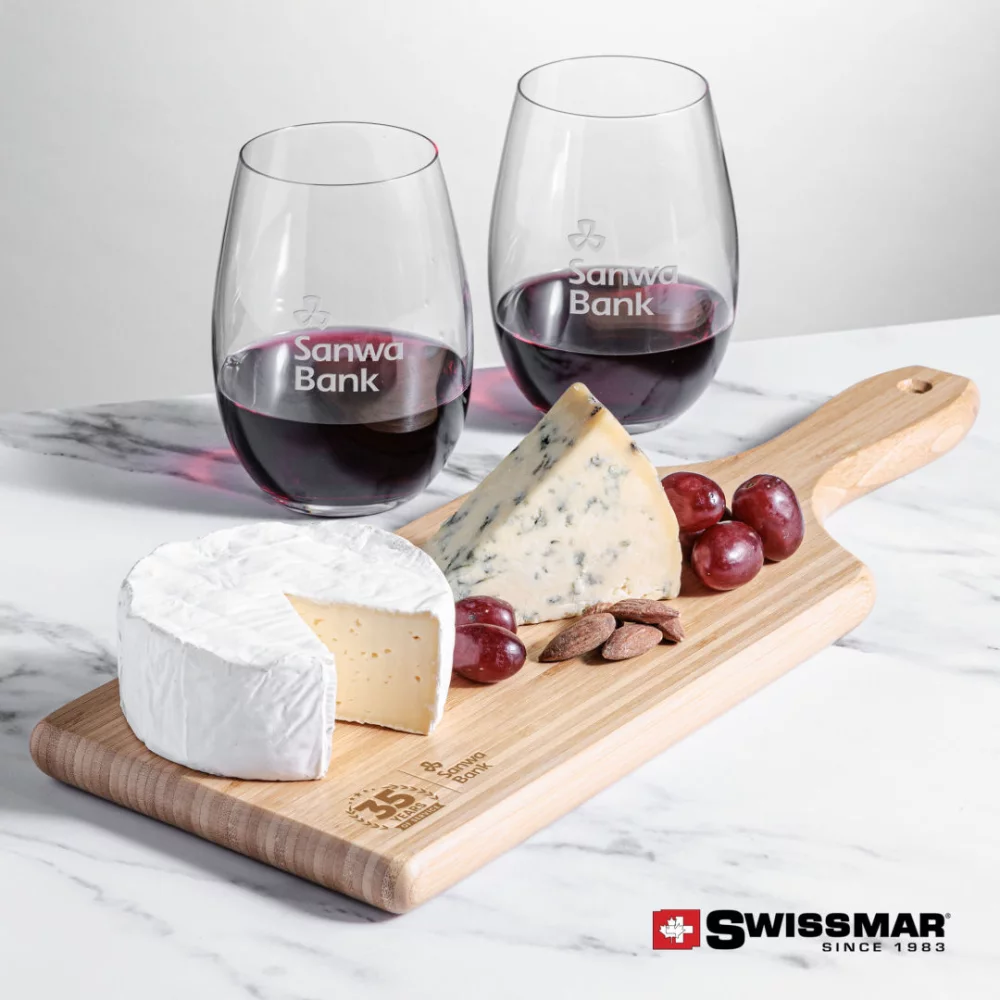 Planche en bambou Swissmar® et 2 verres à vin sans pied Laurent.
