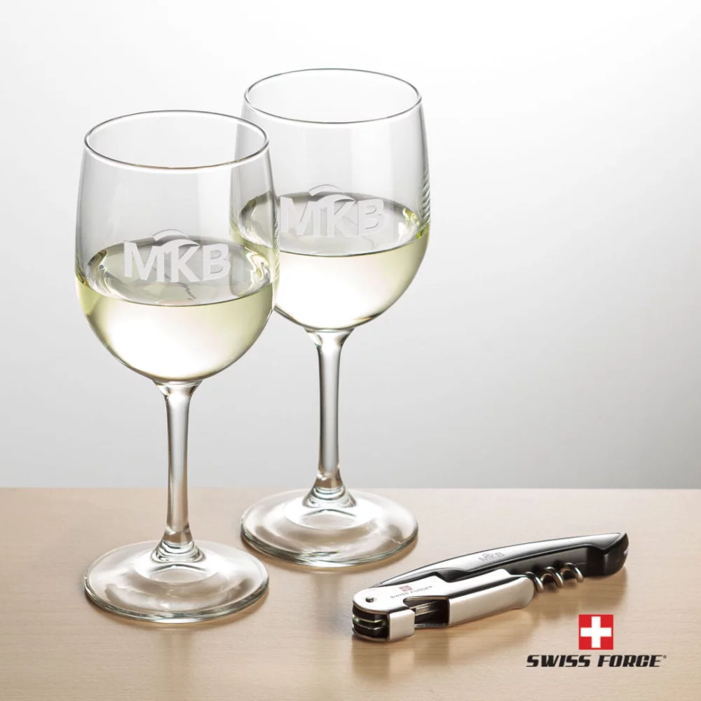 Ouvre-bouteille Swiss Force® et 2 verres à vin Burton - Argent