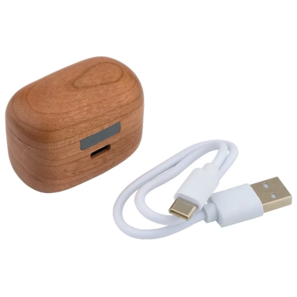 Cherry Wood TWS Wireless Earbuds and Charger Case
