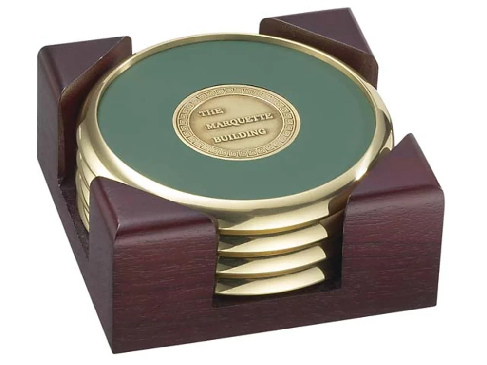 4 Round Solid Brass Coasters w/Solid Cherry Wood Square Stand