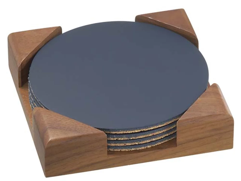 Ensemble de 4 dessous de verre ronds en cuir avec dos en liège et support en bois de noyer.