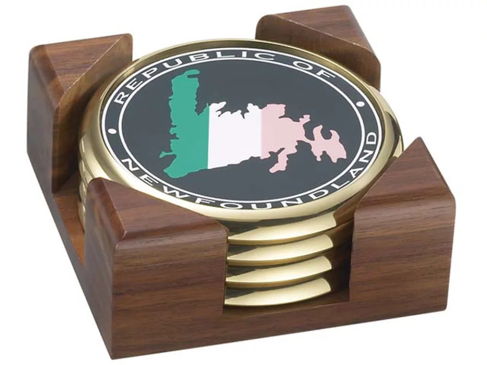 Photosmart Solid Brass Set of 4 Coaster Set w/ Flat Square Walnut Stand