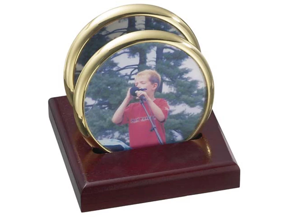 2 dessous de verre en laiton rond pour Photosmart avec support en bois de cerisier massif plat