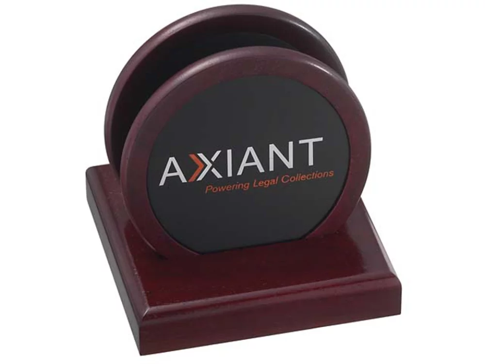 2 Solid Cherry Wood Round Coasters & Wood Stand w/Leather Inserts