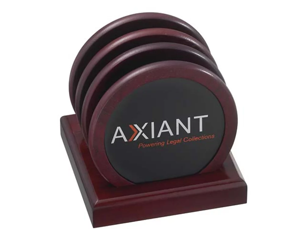 4 Solid Cherry Wood Round Coasters & Wood Stand w/Leather Inserts