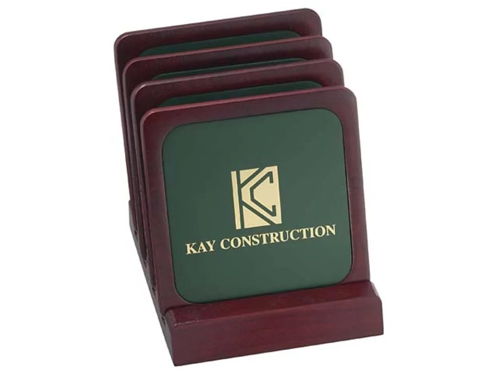 4 Solid Cherry Wood Square Coasters & Wood Stand w/Leather Inserts