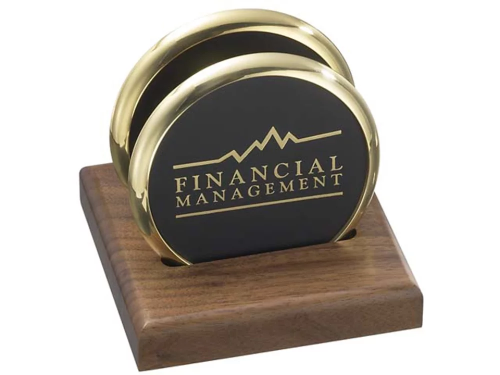 2 Round Solid Brass Coasters w/Solid Walnut Wood Flat Stand