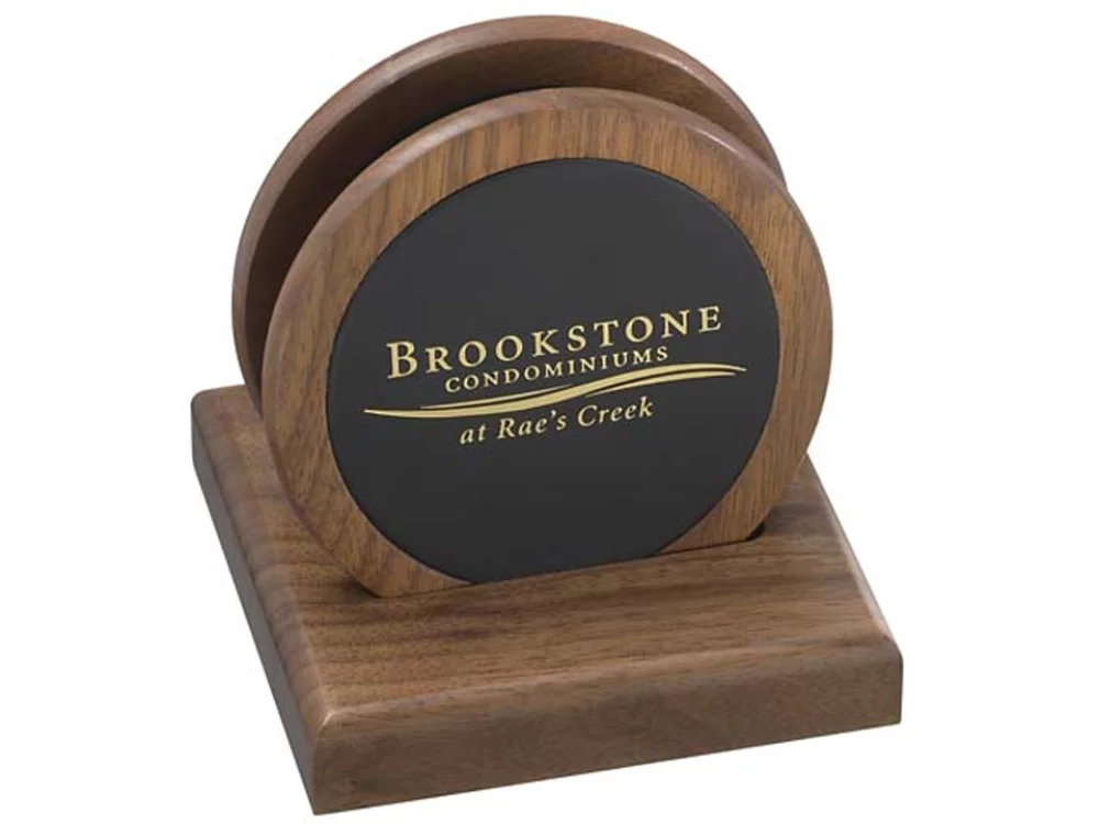 2 dessous de verre ronds en bois de noyer massif et support en bois avec inserts en cuir