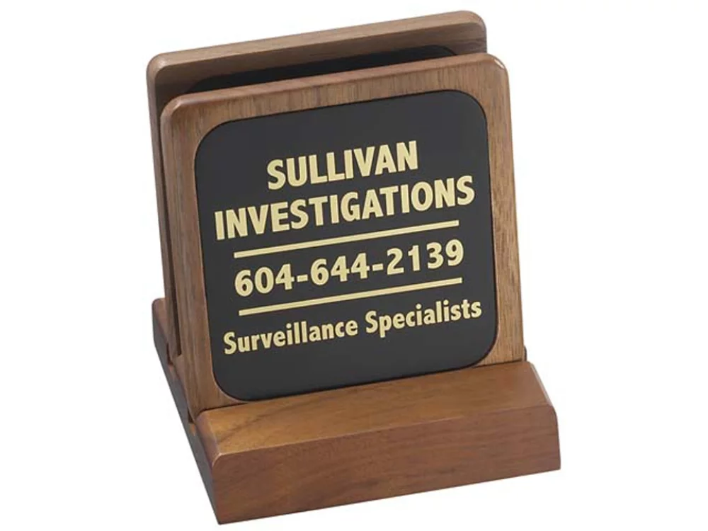 2 Solid Walnut Wood Square Coasters & Wood Stand w/Leather Inserts