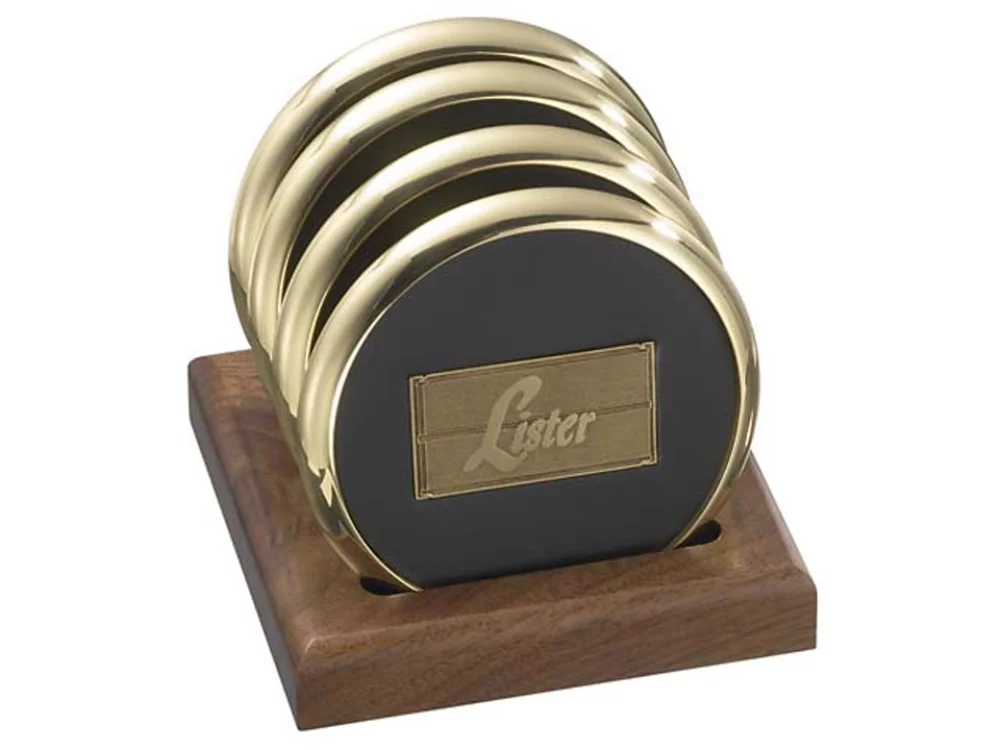 4 Round Solid Brass Coasters w/Solid Walnut Wood Upright Stand